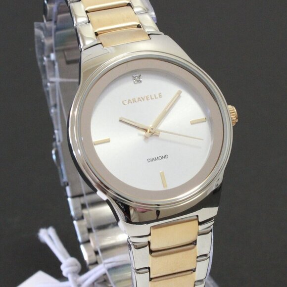 Caravelle Ladies Modern Design Watch By Bulova Diamond At 12 Silver - Gold Tone - Picture 5 of 12
